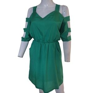 Agaci agaci Dress Woman S Green Mini Lattice Cold Shoulder Pockets Elastic Waist